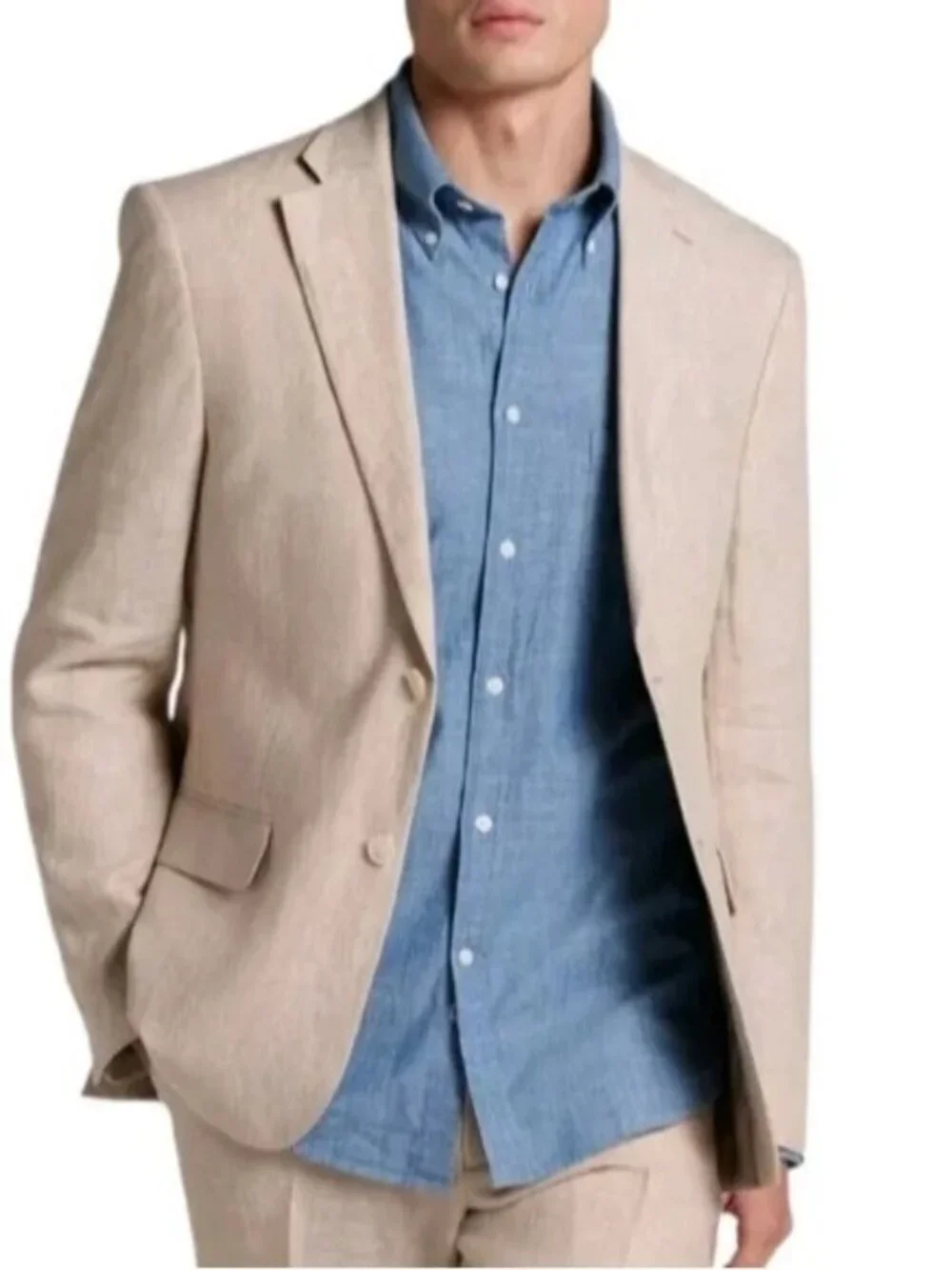 Tommy Hilfiger 44L Tan Linen Sport Coat Modern Fit Summer Wedding Blazer Preppy